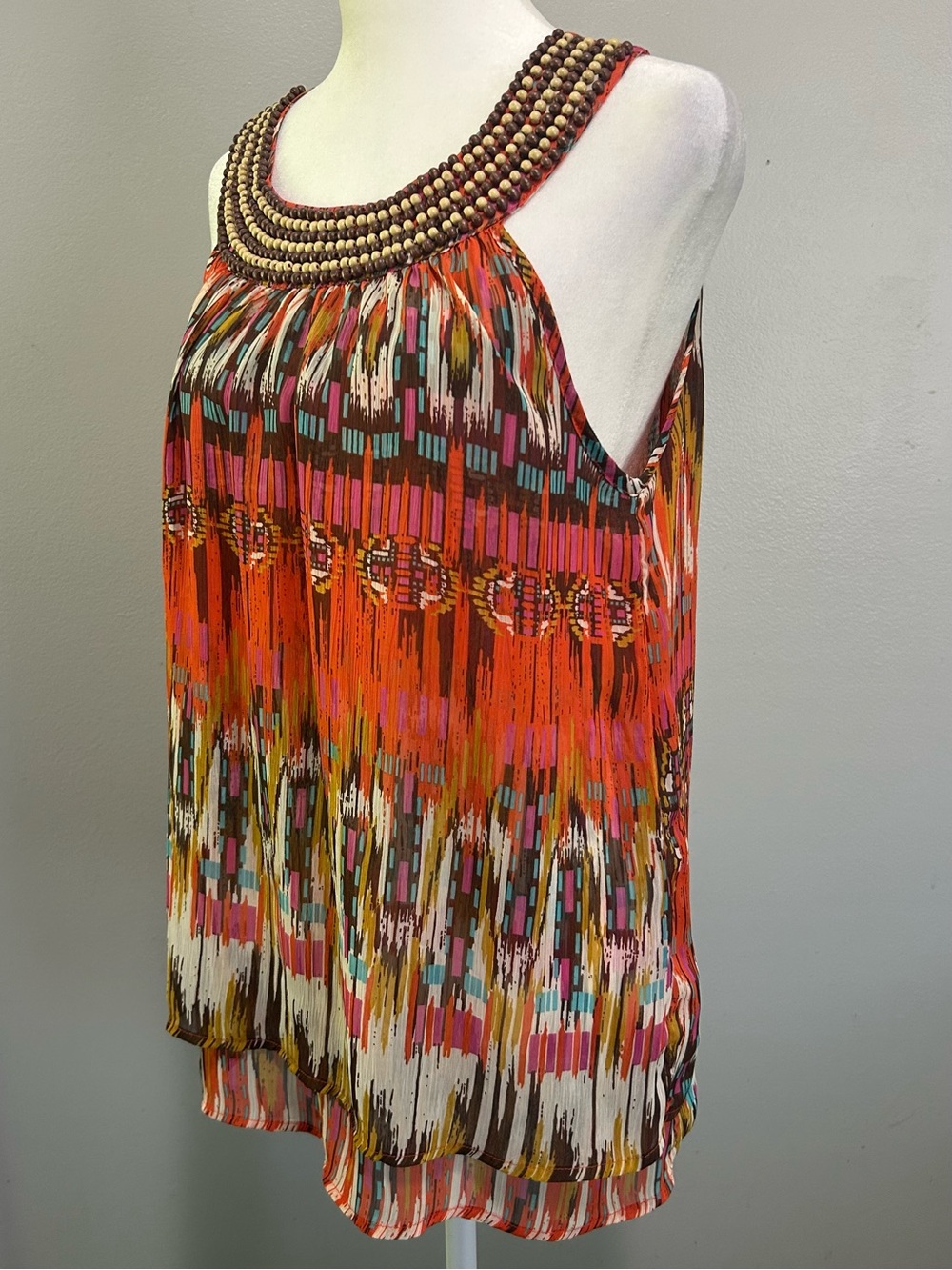 Adiva Women’s Tank Top Sheer Multi Bold Wooden Beaded Neckline Boho Tribal M